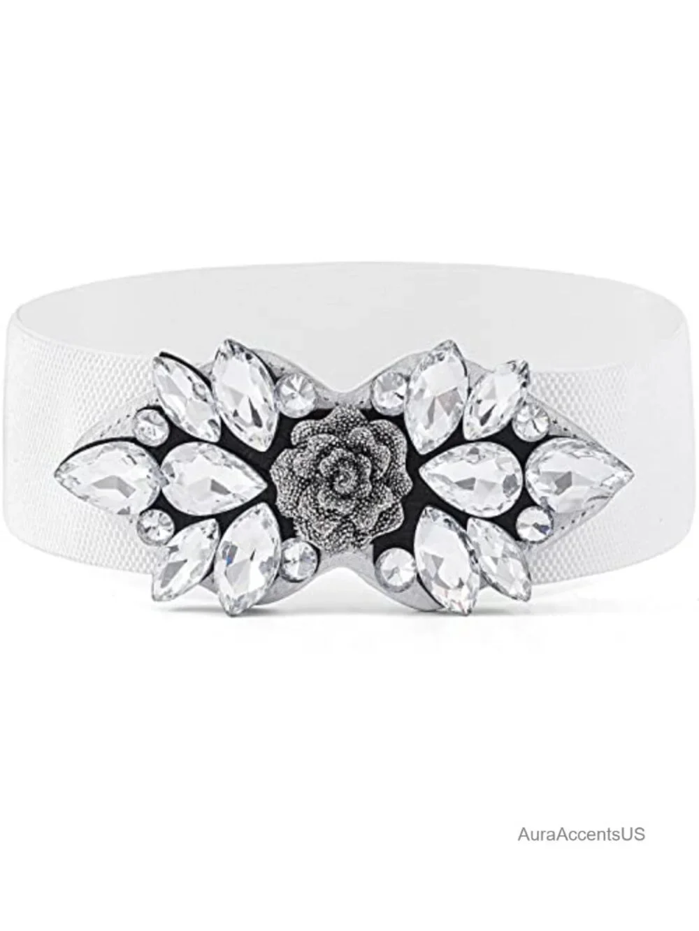 Wide Stretch Elastic Rhinestone Belt with Snap Buckle